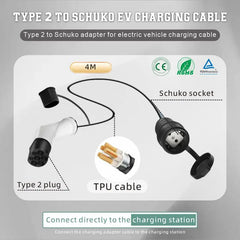 Adapterityyppi 2 Schuko Electric Car Charger Plug -liittimeen, 16 A, 0,5/4 m. Helppo lataus latausasemilla / seinälaatikoilla, 230 V laturien käyttö sähköpyörälle, sähköskootterille, moottoripyörälle, IP55