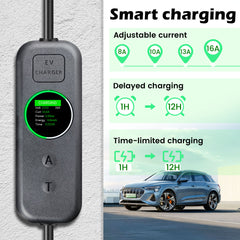 Coolladen 3.5kW Portable EV Charger | 16A Schuko to Type 2 mobile wallbox | Adjustable Current | Precision 1-12H Timed Charging & Delay