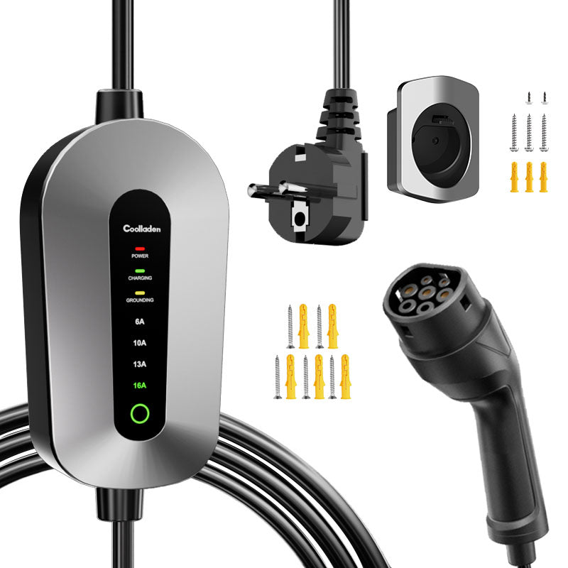 Coolladen Mobile Wallbox Type 2 charging cable Schuko 3.5kW [1-phase, 4-11m, 6-16A], with 2-pin Schuko plug, portable electric car charger for electric vehicles and PHEVs