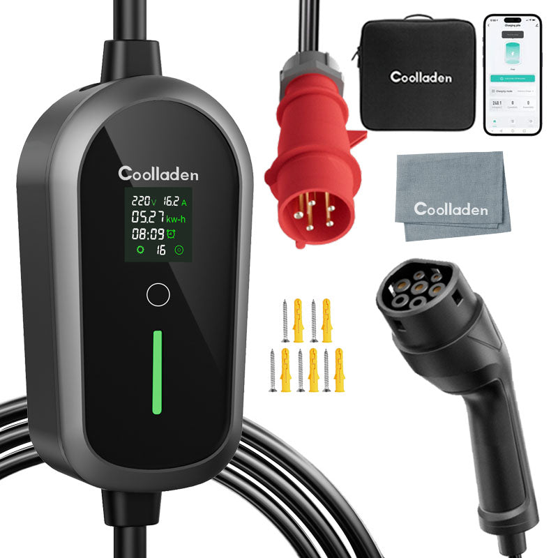 Coolladen Mobile Wallbox 11kW with APP Wi-Fi & Bluetooth charging cable type 2 CEE plug [3-phase|4m/6m/11m|6-16A] with adjustable charging power, EV charger for ID.3/4/5, e-up, e-tron, Zoe and other EV