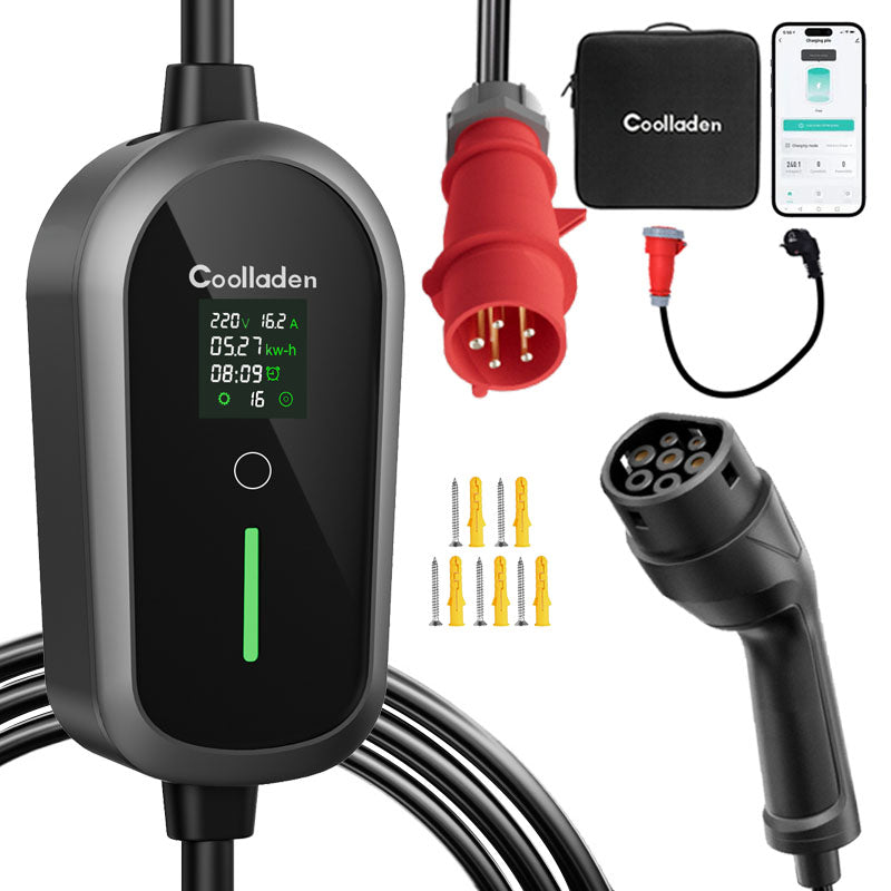 Coolladen Mobile Wallbox 11kW with APP Wi-Fi & Bluetooth charging cable type 2 CEE plug [3-phase|4m/6m/11m|6-16A] with adjustable charging power, EV charger for ID.3/4/5, e-up, e-tron, Zoe and other EV