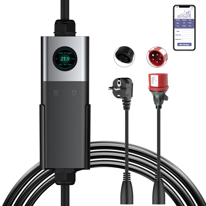 Coolladen Mobile Wallbox WiFi With APP, Charging Up To 11kW, EV Charger Type 2, 5M Cable, Touchscreen Display, Adjustable Current Size With Schuko 16A/CEE 16A Red