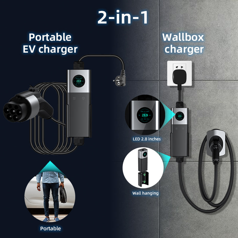 Coolladen Mobile Wallbox WiFi With APP, Charging Up To 11kW, EV Charger Type 2, 5M Cable, Touchscreen Display, Adjustable Current Size With Schuko 16A/CEE 16A Red