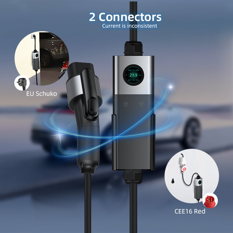 Coolladen Mobile Wallbox WiFi With APP, Charging Up To 11kW, EV Charger Type 2, 5M Cable, Touchscreen Display, Adjustable Current Size With Schuko 16A/CEE 16A Red