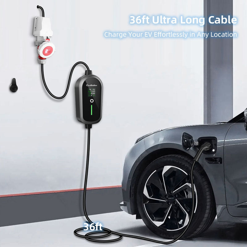 Coolladen Mobile Wallbox 11kW with APP Wi-Fi & Bluetooth charging cable type 2 CEE plug [3-phase|4m/6m/11m|6-16A] with adjustable charging power, EV charger for ID.3/4/5, e-up, e-tron, Zoe and other EV