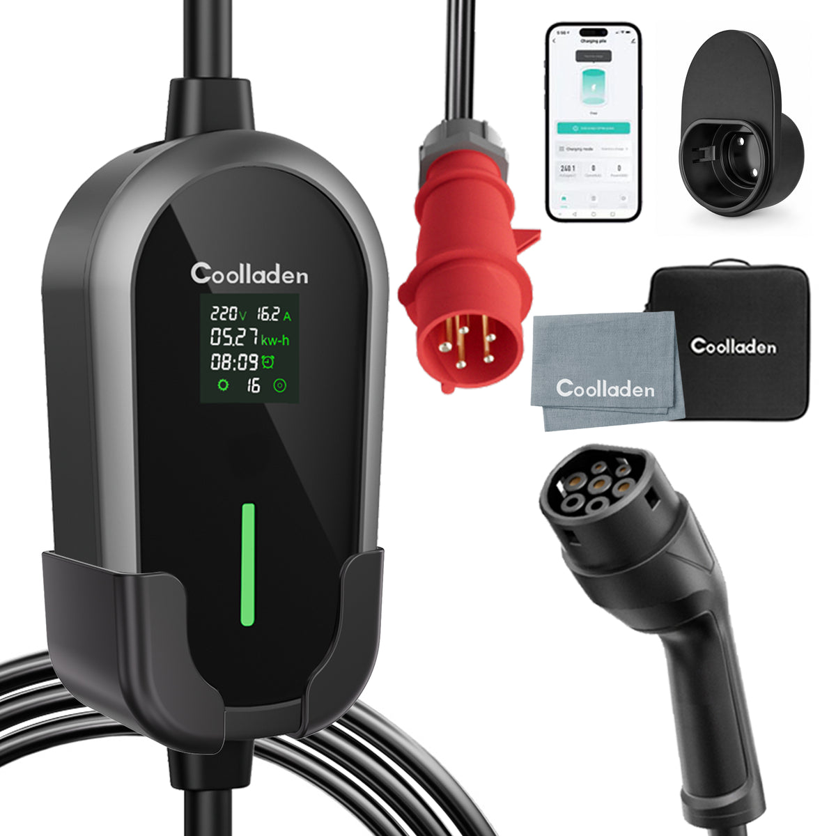 Coolladen 11kW Portable EV Charging Cable Type 2 (16A 3-Phase) with App Control – Scheduled Charging, Adjustable Current, Type B RCD, Wall Bracket & Carry Bag Included