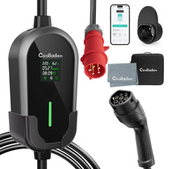 Coolladen 11kW Portable EV Charging Cable Type 2 (16A 3-Phase) with App Control – Scheduled Charging, Adjustable Current, Type B RCD, Wall Bracket & Carry Bag Included