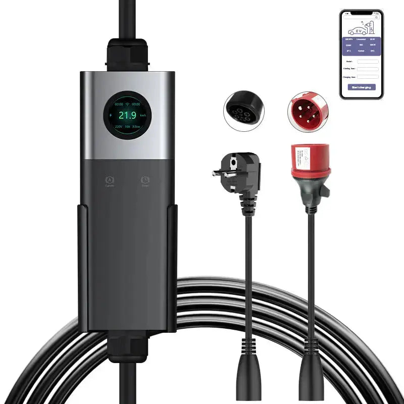 Coolladen Mobile Wallbox WiFi z aplikacją, ładowanie do 22 kW, ładowarka EV typu 2, kabel 5 M, wyświetlacz dotykowy, regulowany rozmiar prądu za pomocą Schuko 16A/CEE 32A Czerwony/CEE 16A Czerwony/CEE 32A Niebieski