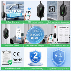 Coolladen 11kW Portable EV Charging Cable Type 2 (16A 3-Phase) with App Control – Scheduled Charging, Adjustable Current, Type B RCD, Wall Bracket & Carry Bag Included