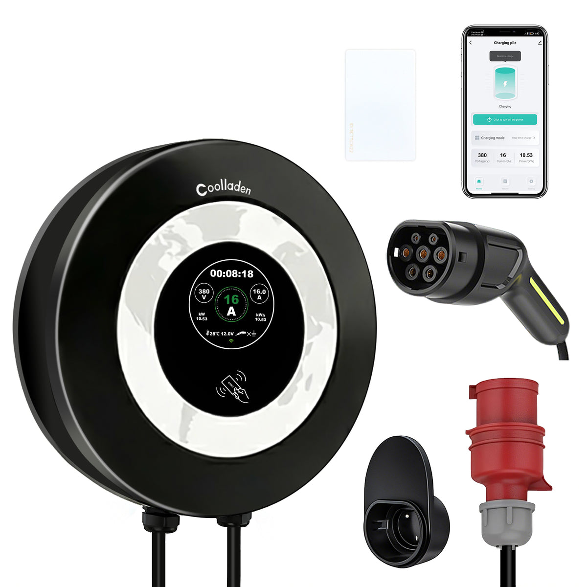 Coolladen Wallbox 11kW App Control & RFID, Type 2 to CEE 16A 3-Phase EV Charger, Advanced AC+DC Leakage Protection (RCD Type B)