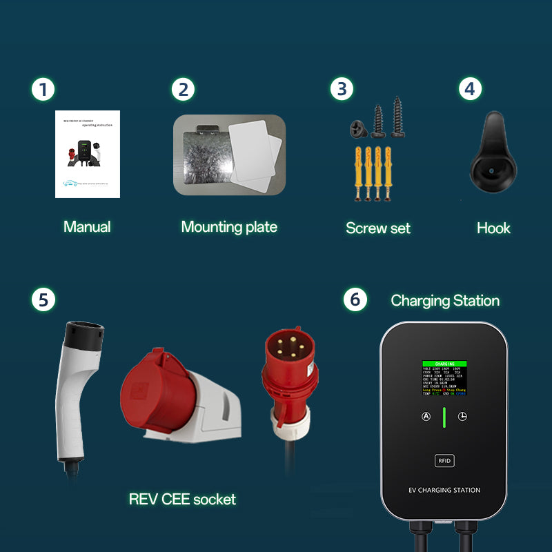 EV Charger Smart 11~22kW Home Charging Station, Wallbox 5m Charging Cable With Charger Holder, CEE 3-Phase Plug For All EVs And PHEVs