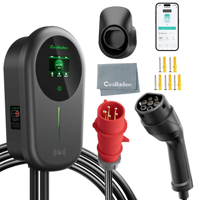 Coolladen Ładowarka EV Smart APP z domową stacją ładującą 32A typu 2 o mocy 22kW, kabel do ładowania Wallbox 5/10m z uchwytem na ładowarkę do sterowania aplikacją CEE 3-fazowa wtyczka do wszystkich pojazdów elektrycznych i PHEV