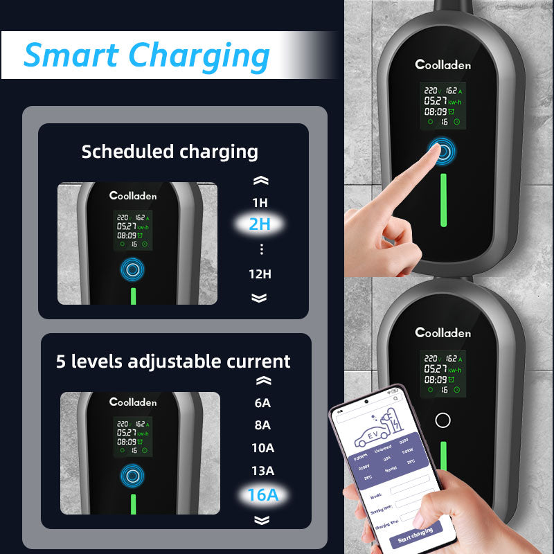 Coolladen Mobile Wallbox 11kW with APP Wi-Fi & Bluetooth charging cable type 2 CEE plug [3-phase|4m/6m/11m|6-16A] with adjustable charging power, EV charger for ID.3/4/5, e-up, e-tron, Zoe and other EV
