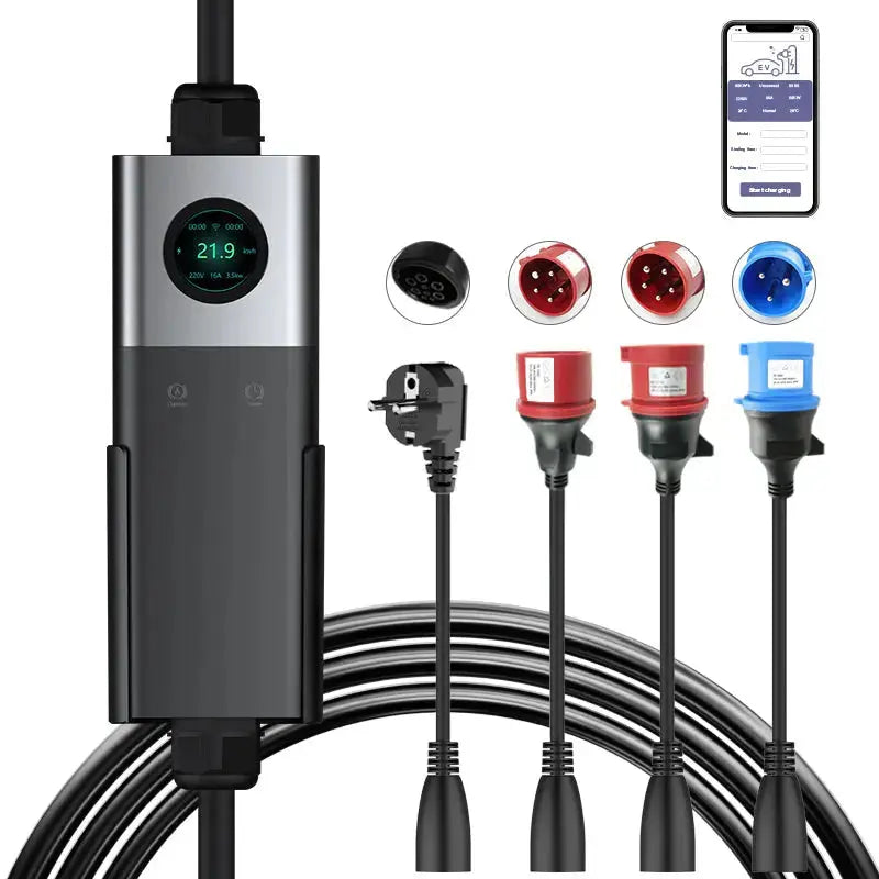 Coolladen Mobile Wallbox WiFi With APP, Charging Up To 11kW, EV Charger Type 2, 5M Cable, Touchscreen Display, Adjustable Current Size With Schuko 16A/CEE 16A Red