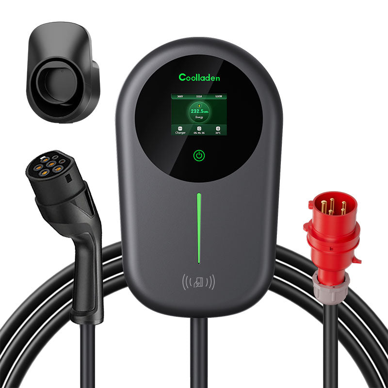 Coolladen Ładowarka EV Smart APP z domową stacją ładującą 32A typu 2 o mocy 22kW, kabel do ładowania Wallbox 5/10m z uchwytem na ładowarkę do sterowania aplikacją CEE 3-fazowa wtyczka do wszystkich pojazdów elektrycznych i PHEV