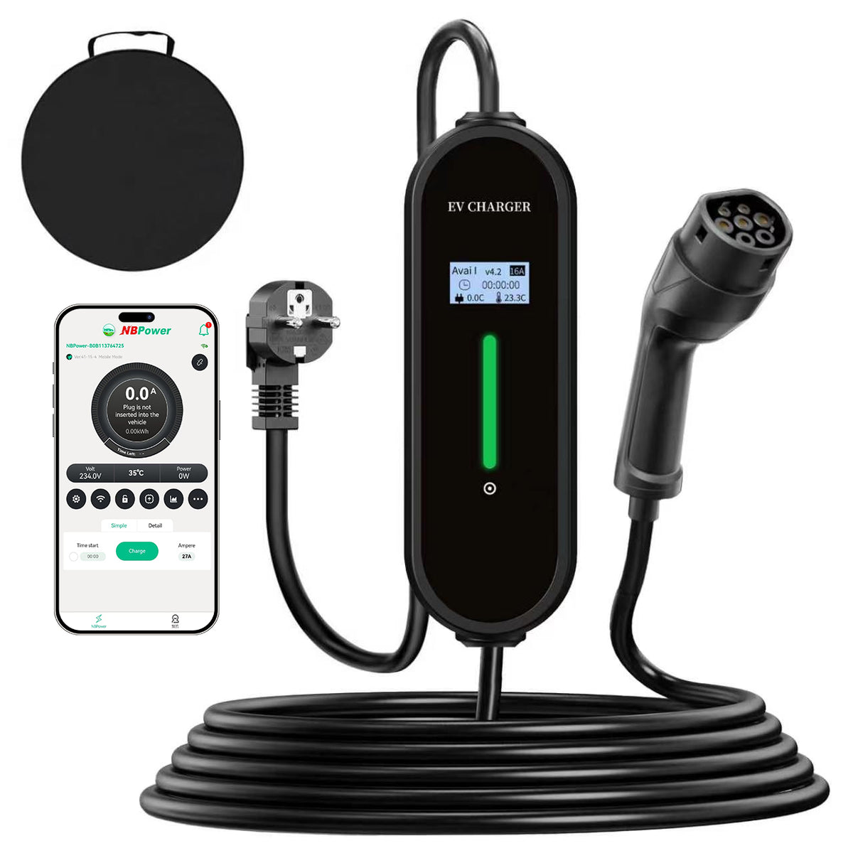 Coolladen 3.6kW Portable EV Charger | Type 2 to Schuko Plug | 16A Adjustable Current | 1-12H Delayed Charging | 5m/10m Cable