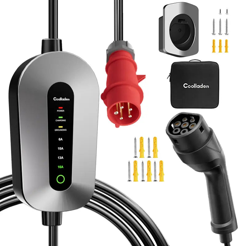 Coolladen Mobile Wallbox 11kW charging cable type 2 CEE plug [3-phase|4m/6m/11m|6-16A] with adjustable charging power, charging station and EV charger for ID.3/4/5, e-up, e-tron, Zoe and other EV