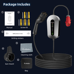 Coolladen Mobile Wallbox 11kW kabel ładujący typ 2 wtyczka CEE [3-fazowa|4m/6m/11m|6-16A] z regulowaną mocą ładowania, stacja ładująca i ładowarka EV do ID.3/4/5, e-up, e-tron, Zoe i innych EV