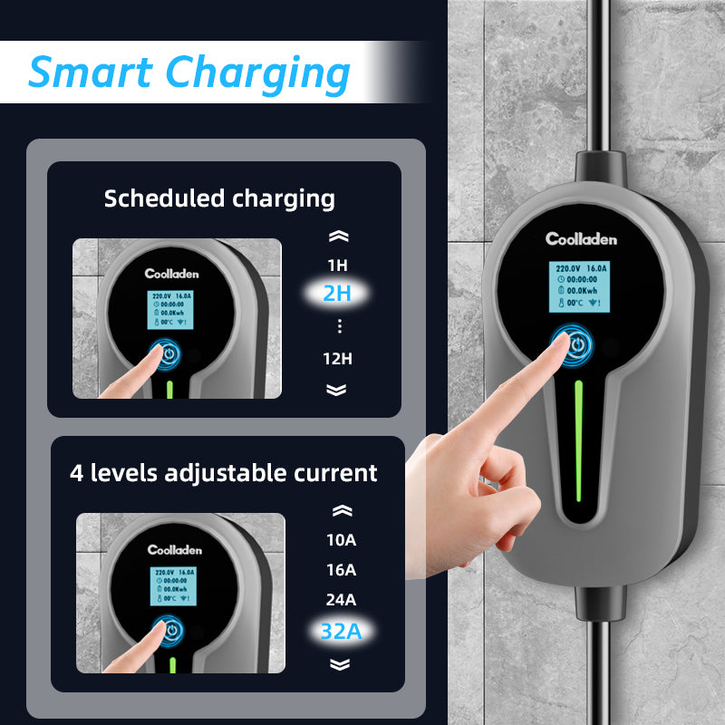 Colladen 7KW Portable EV Charger 1 Phase 32A Type 2 Electric Vehicle Charger, 8H Schedule charging,4 Levels Adjustable Current Charging Station with CEE plug