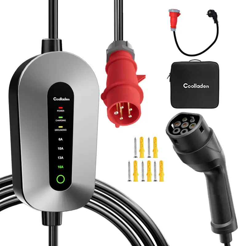 Coolladen Mobile Wallbox 11kW charging cable type 2 CEE plug [3-phase|4m/6m/11m|6-16A] with adjustable charging power, charging station and EV charger for ID.3/4/5, e-up, e-tron, Zoe and other EV