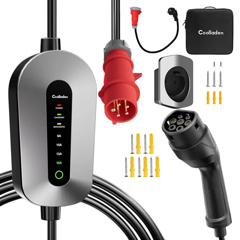 Coolladen Mobile Wallbox 11kW charging cable type 2 CEE plug [3-phase|4m/6m/11m|6-16A] with adjustable charging power, charging station and EV charger for ID.3/4/5, e-up, e-tron, Zoe and other EV