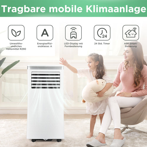 Mobile air conditioner 9000 BTU/h,dehumidifier,with exhaust air function, exhaust air hose. Remote control/APP control/3 operating modes/for rooms up to 100 m³, 24-hour timer.energy efficiency class A