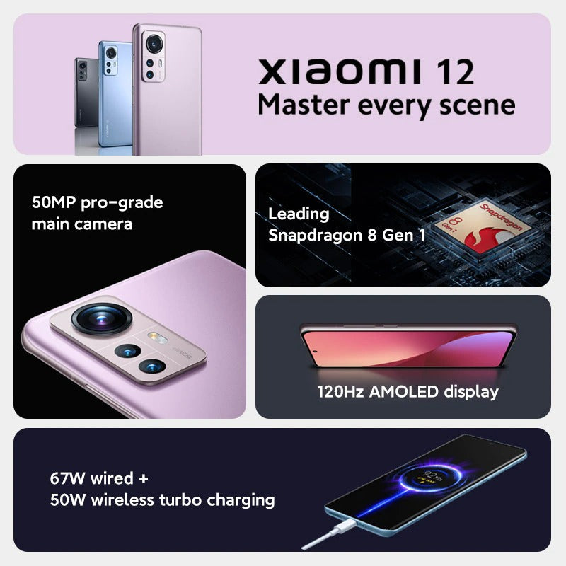 New Xiaomi Mi 12 8GB+128GB 5G Smartphone Snapdragon®8 Gen 1 120Hz AMOLED Display 67W Charging NFC 50MP Large sensor Camera