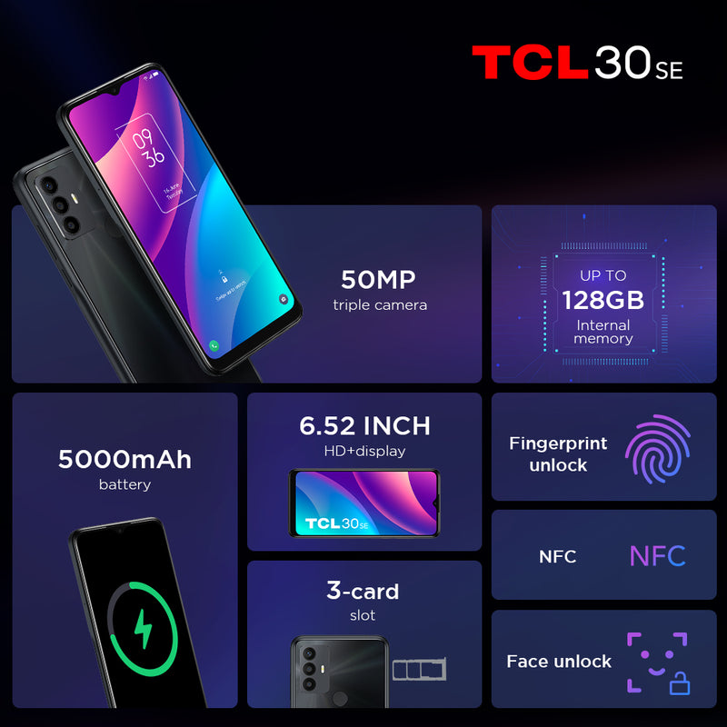 TCL 30 SE Smartphone 4 + 64GB 6.52 pulgadas IPS LCD Pantalla TRIPLE TRANS TRIPLE Cámara Octa-Core CPU, batería de 5000mAh Versión de la UE