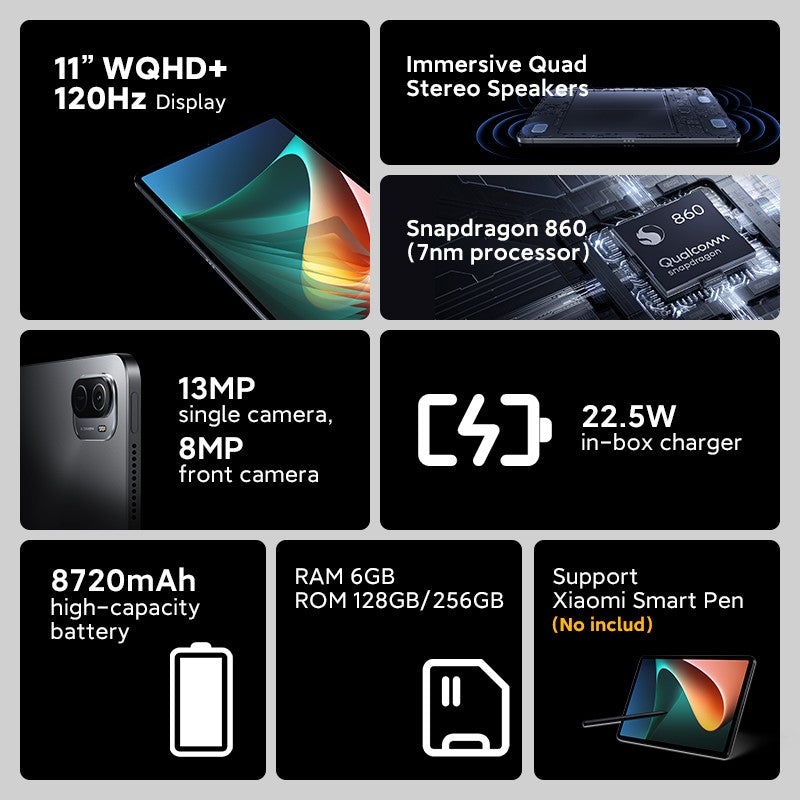 Xiaomi Pad 5 Tablet 6GB + 256 GB 11 '' WQHD + 120Hz Display Snapdragon 860 MI Tablet 5 22,5W Caricabatterie 8720Mah- Versione UE