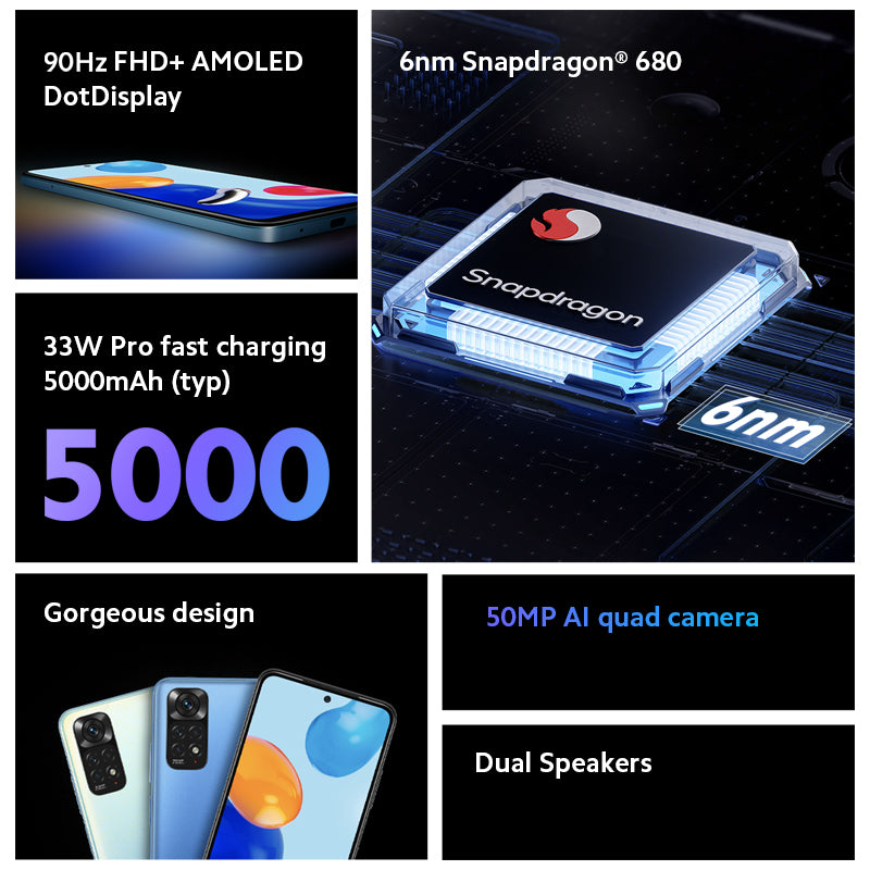 Redmi Note 11 Smartphone 4GB + 64GB 6.43 Pouces 90Hz AMOLED FHD + DOTDISPLAY 50MP Caméra 5000mAh Batterie -Ea Version