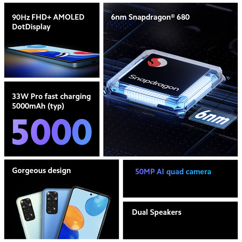 Redmi Nota 11 Smartphone 4 GB + 128 GB 6NM Snapdragon® 680-Processor 6.43 "90Hz FHD AMOLED FHD + DotDisplay Videocamera da 50 mp Videocamera 5000mAh Versione SEE